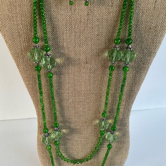 Hand Crafted Necklace Wrap Bracelet Drop Earrings Set Lime Green Double Strands - Picture 2 of 9